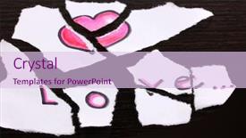  Presentation with love words - Audience pleasing theme consisting of torn paper with words love close-up on wooden table backdrop and a sky blue colored foreground