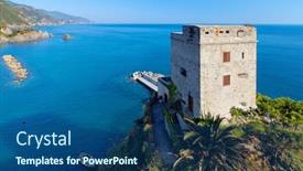 Presentation with world heritage - Audience pleasing presentation theme consisting of torre-aurora-in-monterosso-al backdrop and a ocean colored foreground