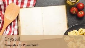  Presentation with cookbook - Presentation theme having tortellini-pasta-and-blank-cookbook background and a coral colored foreground