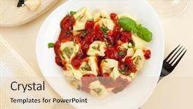  Presentation with classic homemade tomato sauce - Audience pleasing PPT theme consisting of tortellini pasta with tomato sauce backdrop and a  colored foreground