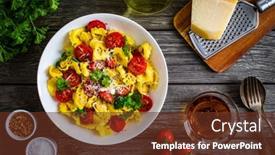  Presentation with vegetables - Slides having tortellini-stuffed-with-prosciutto-ham background and a tawny brown colored foreground