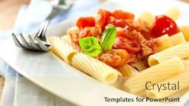  Presentation with italian cuisine - Presentation with tortiglioni pasta with tomatoes and pancetta and basil leaves italian food italian cuisine home made food concept for a tasty and healthy meal bright wooden background close up background and a blonde colored foreground