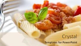  Presentation with italian cuisine - Theme consisting of tortiglioni pasta with tomatoes and pancetta and basil leaves italian food italian cuisine home made food concept for a tasty and healthy meal bright wooden background close up background and a yellow colored foreground