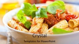  Presentation with italian cuisine - PPT theme enhanced with tortiglioni pasta with tomatoes and pancetta and basil leaves italian food italian cuisine home made food concept for a tasty and healthy meal bright wooden background close up background and a gold colored foreground