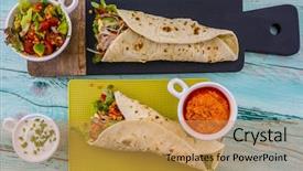  Presentation with fresh fruits and vegetables - PPT layouts featuring tortilla with pulled pork fresh background and a gold colored foreground