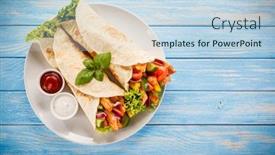  Presentation with tortilla - Slide deck featuring tortilla wrap with meat and vegetables background and a light blue colored foreground