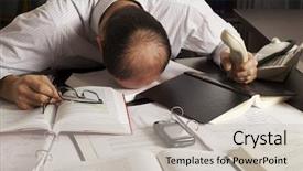  Presentation with business office desk - PPT theme featuring totally desperate businessman with head background and a light gray colored foreground