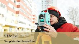  Presentation with transit road - Presentation theme having totalstation - one surveyor worker working background and a yellow colored foreground
