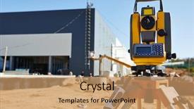  Presentation with construction equipment - PPT layouts with totalstation - surveyor equipment tacheometer or theodolite background and a coral colored foreground