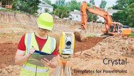  Presentation with theodolite - Cool new PPT theme with totalstation - surveyor worker with theodolite backdrop and a coral colored foreground