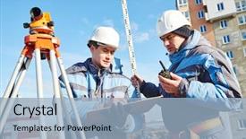  Presentation with surveyor - Presentation theme consisting of totalstation - surveyor workers with level background and a light blue colored foreground