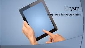  Presentation with fingers - Presentation theme featuring touch - female fingers touching blank tablet background and a light blue colored foreground