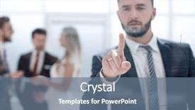 Presentation with aluminium glass - PPT layouts with touch - smiling businessman pressing his finger background and a ocean colored foreground