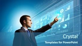  Presentation with politics and media - Colorful presentation theme enhanced with touch globe - image of businessman pushing icon backdrop and a ocean colored foreground