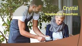  Presentation with cup coffee - PPT theme featuring touch screen mobile - pretty blonde being served background and a tawny brown colored foreground