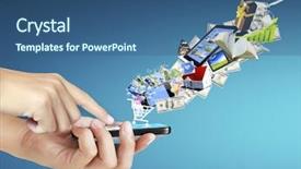  Presentation with touch screen - Beautiful PPT theme featuring touch screen mobile phone backdrop and a ocean colored foreground