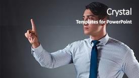  Presentation with virtual - Slide deck consisting of touch screen monitors - handsome businessman pressing virtual buttons background and a dark gray colored foreground