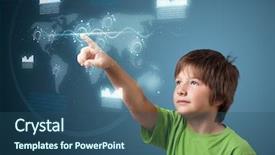  Presentation with touch screen technology - Beautiful slide deck featuring touch screen technology - boy pressing high tech type backdrop and a ocean colored foreground