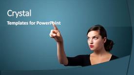  Presentation with touch screen technology - PPT layouts with touch screen technology - businesswoman pressing an imaginary button background and a teal colored foreground