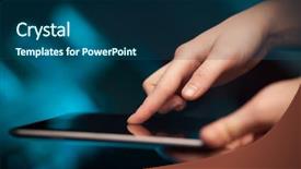  Presentation with hand touching finger digital - Presentation theme having touch screen technology - hand touching tablet pc background and a ocean colored foreground