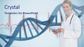  Presentation with medical dna - Amazing presentation theme having touche heart service - blonde doctor using tablet pc backdrop and a sky blue colored foreground