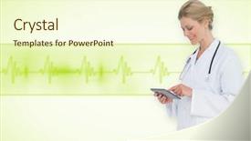  Presentation with ecg - Beautiful PPT layouts featuring touche heart service - blonde doctor using tablet pc backdrop and a cream colored foreground