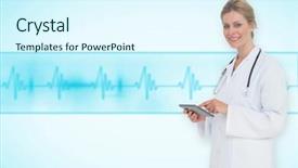  Presentation with blue line - Beautiful presentation theme featuring touche heart service - blonde doctor using tablet pc backdrop and a cool aqua colored foreground