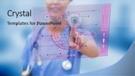  Presentation with interface - Cool new PPT layouts with touche heart service - cardiologist touching a medical interface backdrop and a light blue colored foreground