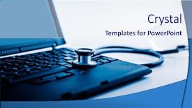  Presentation with medical laptop - Amazing PPT layouts having touche heart service - electronic medical stethoscope on pc backdrop and a sky blue colored foreground
