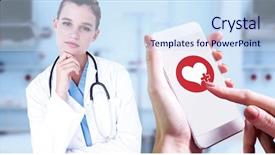  Presentation with sterile technique - Slide deck consisting of touche heart service - hand holding smartphone against sterile background and a sky blue colored foreground