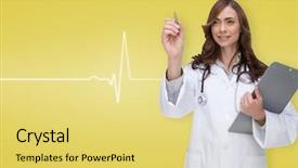  Presentation with medical smiling doctor - Presentation theme consisting of touche heart service - smiling doctor pointing against medical background and a  colored foreground