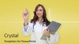  Presentation with yellow medical - Beautiful slide set featuring touche heart service - smiling doctor pointing against yellow backdrop and a  colored foreground