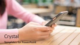  Presentation with mobile phone in woman hand - Presentation enhanced with touche heart service - woman use of mobile phone background and a  colored foreground