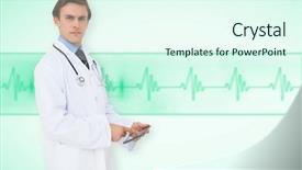  Presentation with tablet - PPT theme consisting of touche heart service - young doctor using tablet pc background and a cool aqua colored foreground