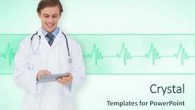  Presentation with ecg - PPT theme enhanced with touche heart service - young doctor using tablet pc background and a  colored foreground