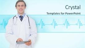  Presentation with blue line - Audience pleasing slides consisting of touche heart service - young doctor using tablet pc backdrop and a  colored foreground