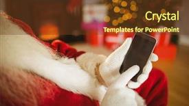  Presentation with santa claus and reindeers - PPT theme enhanced with touching a smartphone at christmas background and a tawny brown colored foreground