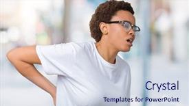  Presentation with back pain - Colorful PPT layouts enhanced with touching back with hand muscular backdrop and a  colored foreground