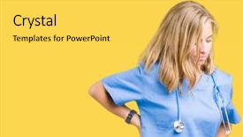  Presentation with back pain - Cool new slides with touching back with hand muscular backdrop and a yellow colored foreground