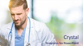  Presentation with medical hand - Slide deck featuring touching back with hand muscular background and a sky blue colored foreground