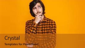  Presentation with role play woman and man - Cool new PPT theme with touching chin and looking upward backdrop and a crimson colored foreground