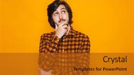  Presentation with role play woman and man - Presentation theme consisting of touching chin and looking upward background and a crimson colored foreground