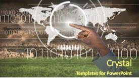  Presentation with city map - Beautiful slides featuring digital composite of hand pointing touching city with world map backdrop and a tawny brown colored foreground