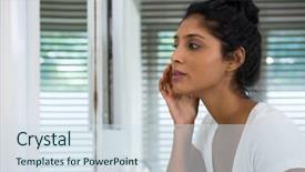  Presentation with indian woman bridal face - Colorful presentation design enhanced with touching face looking into mirror backdrop and a sky blue colored foreground