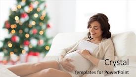  Presentation with pregnancy medicine healthcare and people - Colorful PPT layouts enhanced with touching her belly over christmas backdrop and a  colored foreground