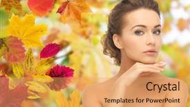  Presentation with autumn leaves - Cool new slides with touching her face over autumn backdrop and a yellow colored foreground