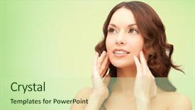  Presentation with green beauty - Cool new PPT theme with touching her face over green backdrop and a soft green colored foreground