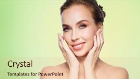  Presentation with green beauty - Beautiful theme featuring touching her face over green backdrop and a lemonade colored foreground