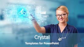  Presentation with displaying - Colorful PPT layouts enhanced with touching hologram screen displaying healthcare backdrop and a teal colored foreground