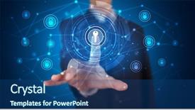  Presentation with hologram - Colorful presentation design enhanced with touching hologram screen displaying keys backdrop and a  colored foreground